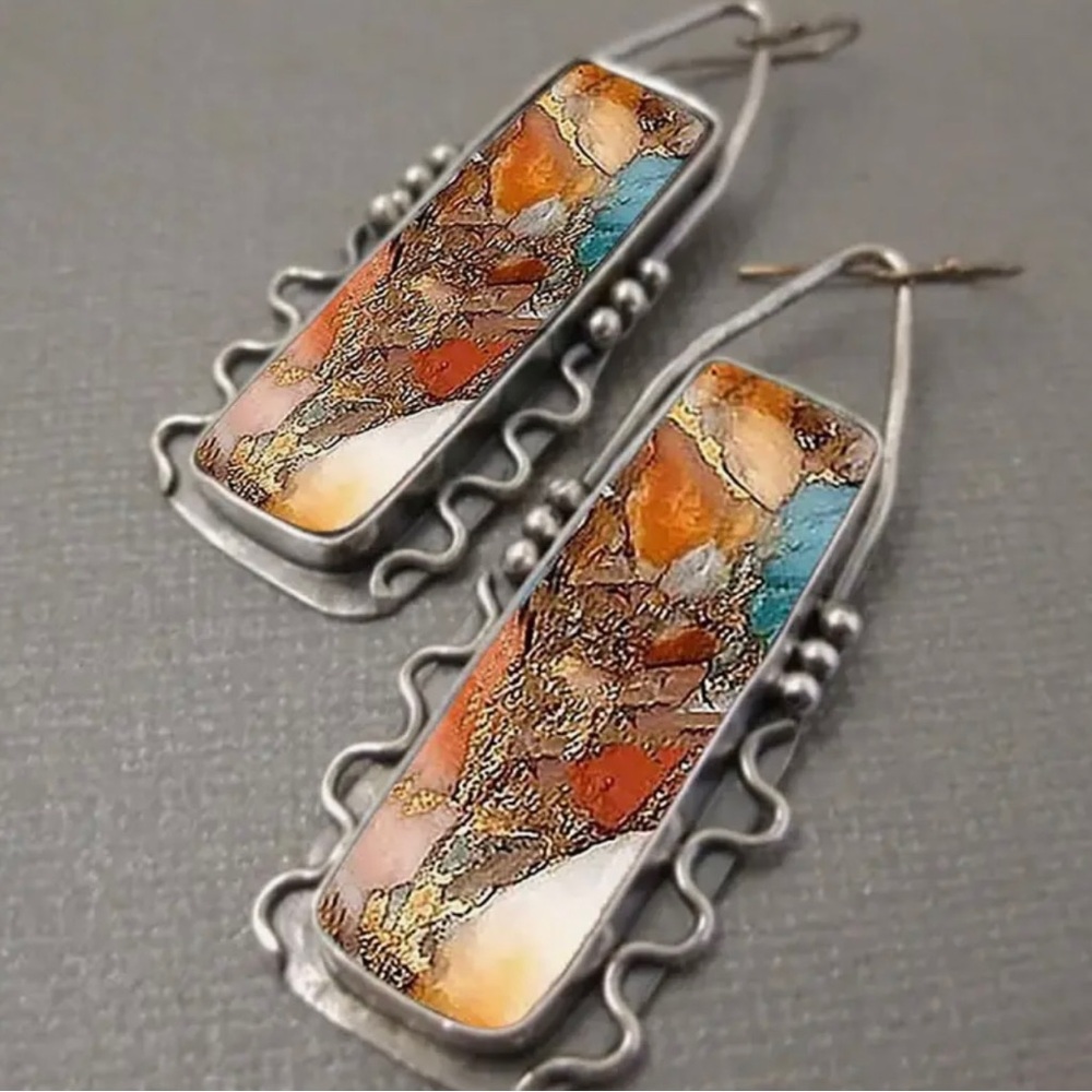Silver Multicolor Dangle Earrings Orange Blue Cream Lightweight Statement Gift - Picture 3 of 4